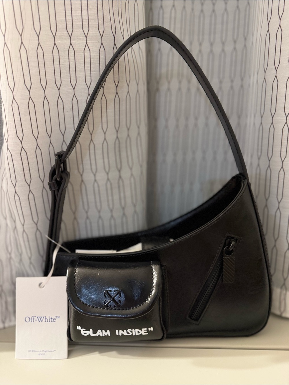 Off-White Black Leather Shoulder Bag with 'GLAM INSIDE' Pouch